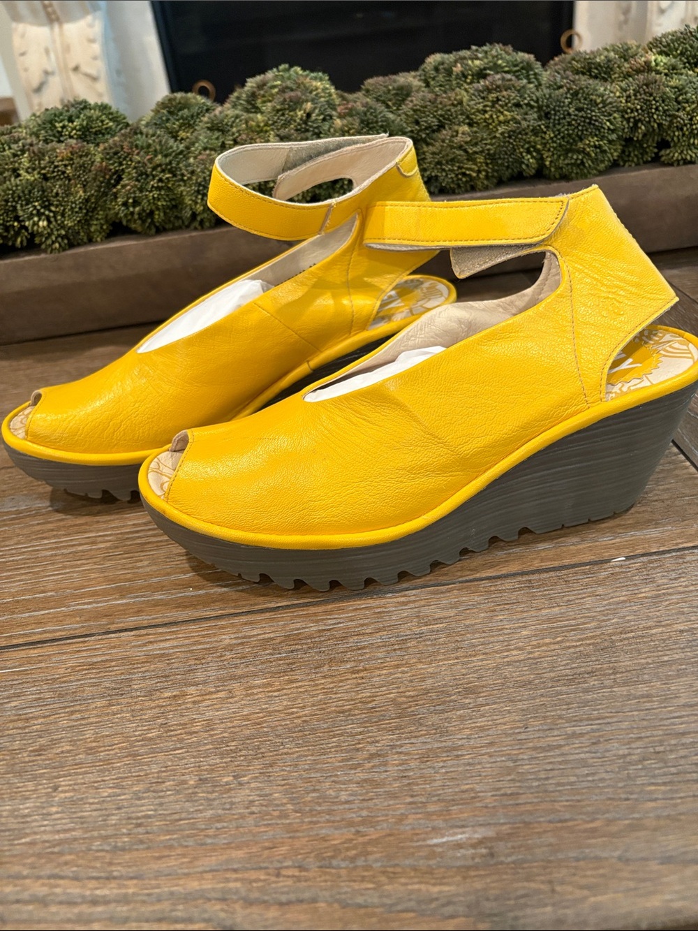 FLY London Women’s Yellow Wedge Sandals with Ankle Strap size 39